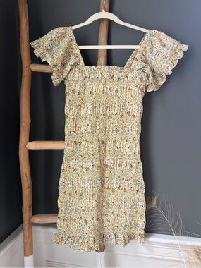 Storia Smocked Floral Mini Dress in Yellow and Cream